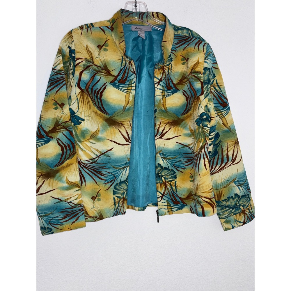 Analogy Womens Tropical Leaf Print Zip Up Jacket Teal‎ Yellow Petite Large PL